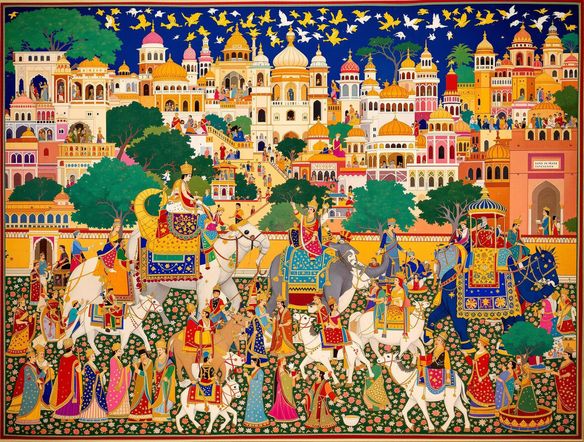 A vibrant, intricate Rajasthani miniature painting depicting a royal procession, traditional Rajasthan painting AI, rich jewel tones, detailed patterns, fine brushwork.