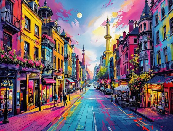 A vibrant and colorful digital chalk art cityscape, rendered with a realistic chalk texture, showcasing the capabilities of the best chalk effect generator.