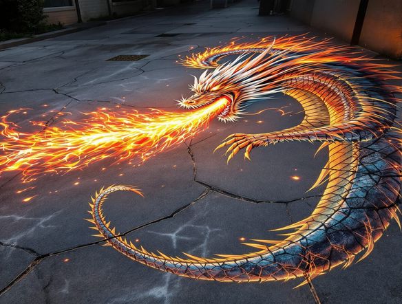 A photorealistic chalk drawing of a dragon breathing fire on a cracked sidewalk, created by a virtual sidewalk art maker, showcasing the AI's realistic chalk drawing capabilities.