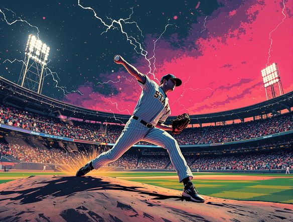 Create a baseball card of a star pitcher as if he's headlining a rock festival. Include dynamic action shot, bold typography, and vibrant colors. In the style of a concert poster, capture the energy of a sold-out stadium.