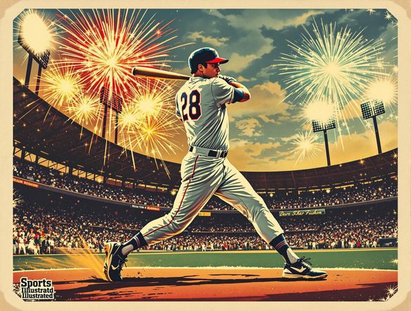 A vintage baseball card design featuring a dynamic player action shot, set against a backdrop of exploding fireworks and stadium lights, with bold, retro typography.