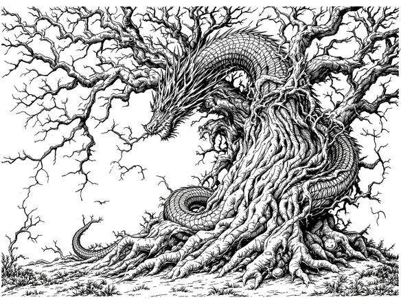 An intricate ink etching drawing of a majestic dragon coiled around a ancient tree, detailed linework, high contrast, black and white, classic art style, AI pen and ink drawing.