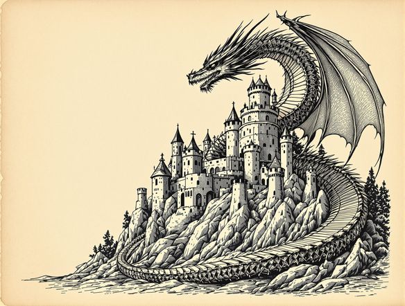 A detailed ink etching of a majestic dragon coiled around a ancient castle tower, intricate linework, monochromatic, vintage paper texture.