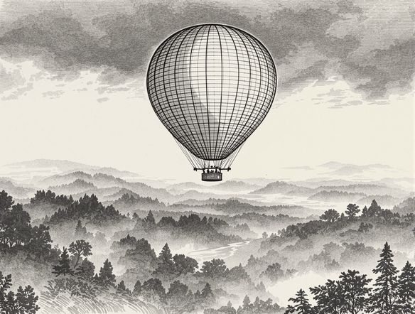 A detailed ink art drawing online of a vintage hot air balloon floating over a misty landscape, cross-hatching detail, atmospheric, monochrome, etching style generator, classic illustration.