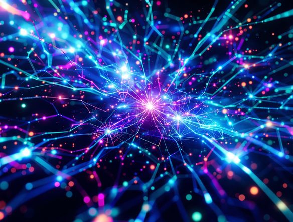 A vibrant, abstract visualization of data streams flowing into interconnected nodes, forming a complex yet beautiful network. Use a color palette of electric blues, purples, and greens.