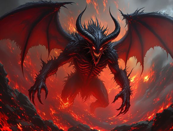 A terrifying demon with glowing red eyes, sharp horns, and tattered wings, emerging from a fiery abyss, showcasing detailed hellish creature design.
