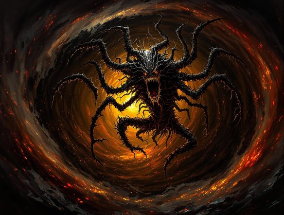 A grotesque, multi-limbed creature emerging from a swirling vortex of shadow and brimstone, showcasing intricate demonic anatomy. This is a prime example of satanic art generator output. Dark, gothic, hellish, detailed.