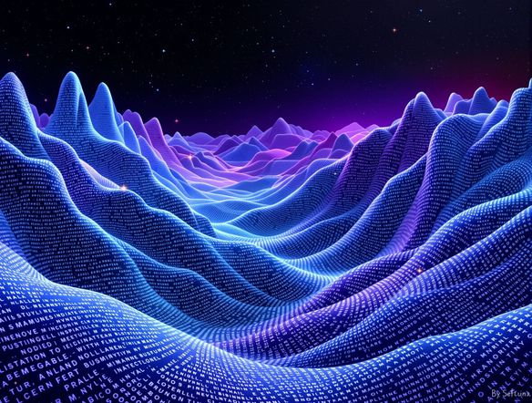 An intricate abstract artwork composed entirely of flowing, interconnected text. The text forms a surreal landscape with a deep, ethereal color gradient. Style: generative art, text-based.