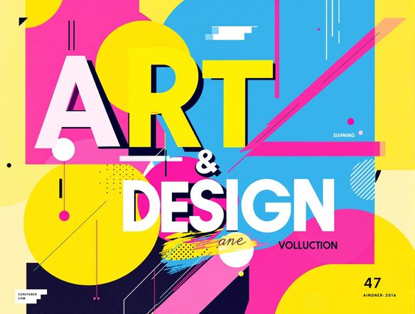 A vibrant, modern poster showcasing bold typography. The words 'ART' and 'DESIGN' are creatively intertwined with abstract shapes and a dynamic color palette. Style: minimalist graphic design.