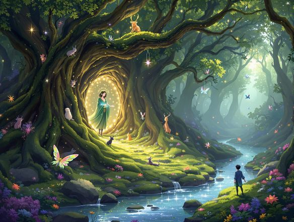 A whimsical AI fairytale illustration featuring a glowing enchanted forest creator, with magical creatures peeking from behind ancient trees and a sparkling river winding through. Soft, ethereal lighting.