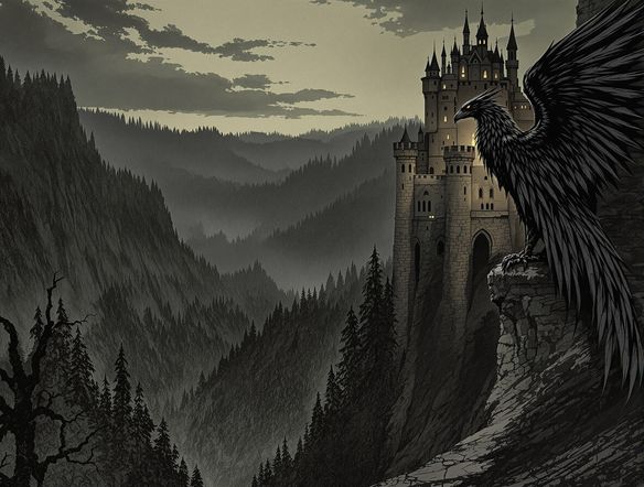 A dark, atmospheric fantasy landscape featuring a gothic castle on a cliff overlooking a dense, ancient forest, with a majestic griffin perched on a battlement. Inspired by Grimm fairytale art.