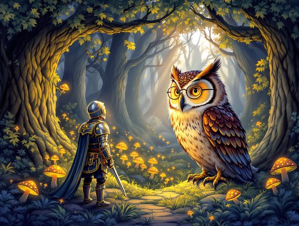 A whimsical, vibrant illustration in the style of a classic storybook, depicting a brave knight encountering a wise, talking owl in an enchanted forest, soft lighting, detailed foliage.