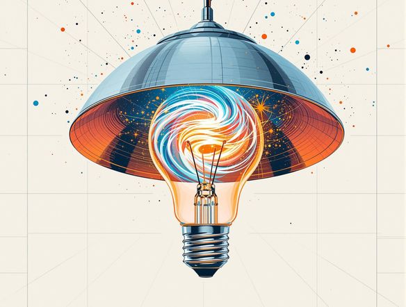 A vibrant, minimalist pictogram of a lightbulb emitting creative sparks, set against a clean, modern background.