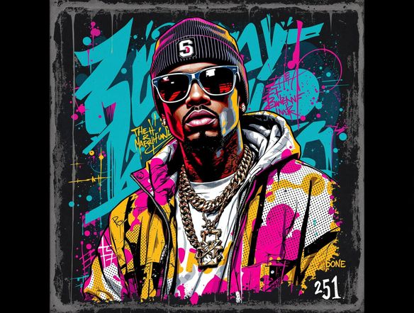 A vibrant, stylized pictogram of a rapper wearing sunglasses, overlaid on a vintage distressed background. Bold colors, 90s aesthetic, perfect for a custom shirt generator. High resolution.