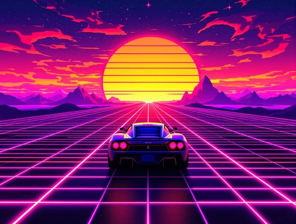 A breathtaking retrowave scenery, glowing neon grid stretching to the horizon, a lone sports car driving towards a digital sunset, vibrant synthwave colors, neon landscape art, 80s aesthetic.