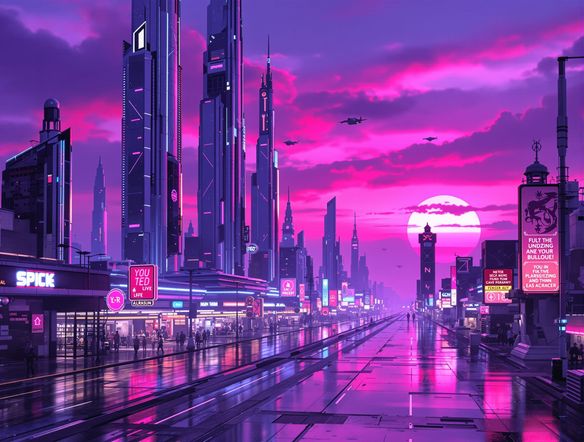 An expansive 80s futuristic landscape with towering chrome skyscrapers, flying vehicles, a vibrant purple and pink sunset, neon signs reflecting on wet streets, outrun background, synthwave style.