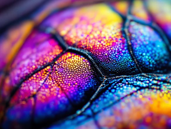 High magnification photography AI of a butterfly's wing scales, iridescent colors, extreme detail, sharp focus, shallow depth of field, natural lighting.