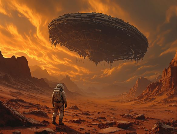 A lone astronaut standing on a desolate red planet, gazing at a colossal, derelict alien spaceship hovering in the stormy sky, epic scale, atmospheric, sci-fi concept art.