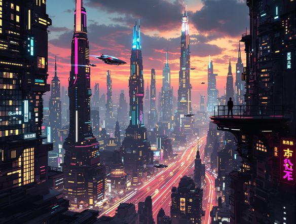A sprawling, futuristic cityscape at twilight, with sleek flying vehicles navigating between towering neon-lit skyscrapers, and a mysterious alien silhouette observing from a distant platform. High detail, cinematic lighting.