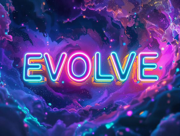 A vibrant, futuristic 3D text rendering of the word 'EVOLVE', set against a dynamic, abstract background. High resolution, intricate details, and dramatic lighting to enhance the three-dimensional effect.