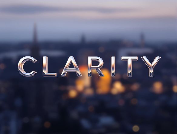 A sleek, modern PNG text graphic of the word 'CLARITY', rendered in a minimalist sans-serif font. The text should appear to float above a blurred cityscape background, emphasizing its transparency.