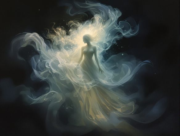 A spectral figure composed of swirling mist and ethereal light, rendered in a painterly style, floating in a dimly lit, antique room. Majestic and slightly melancholic.