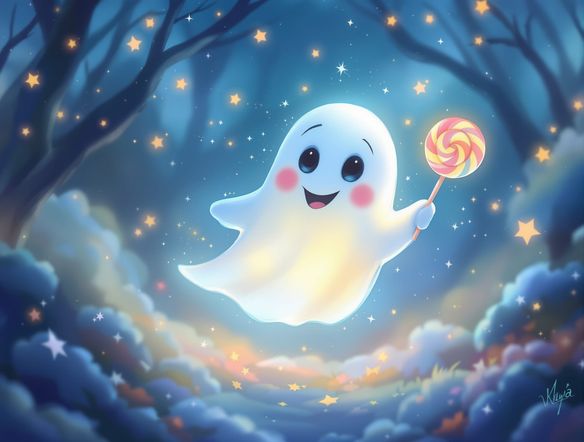 A friendly, glowing ghost child with a mischievous smile, holding a spectral lollipop, floating in a soft, dreamlike environment. Whimsical and inviting.