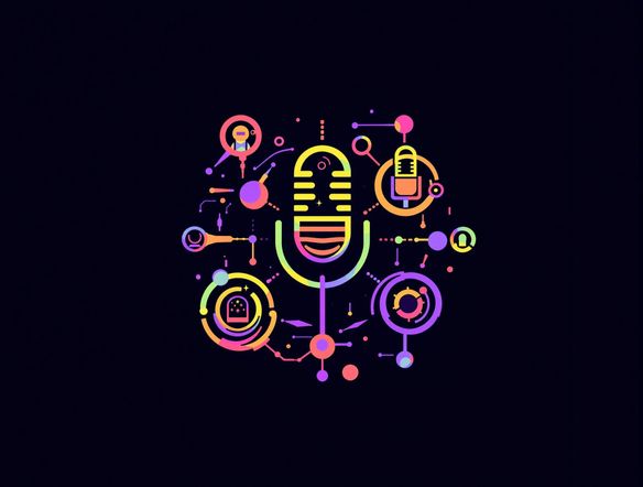 Create a dynamic podcast logo featuring stylized microphones and interconnected circles, representing conversation and connection. The visual style should evoke an entity relationship diagram generator output, emphasizing clarity and structure. Use vibrant, engaging colors.