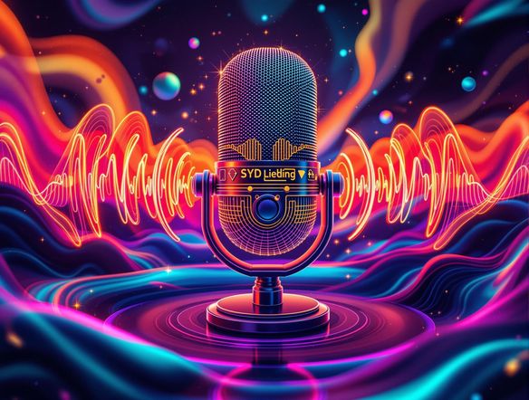 Microphone emitting sound waves, stylized logo design elements, vibrant color scheme, digital art.