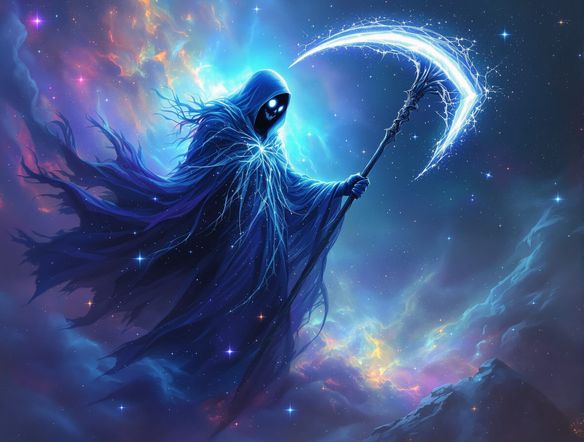 A spectral, ethereal figure of the Grim Reaper, cloaked in swirling cosmic dust and starlight, holding a scythe made of pure moonlight, standing at the edge of a nebula, symbolizing the end of life in a beautiful, artistic way.