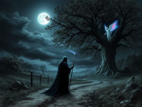 A stoic Grim Reaper, cloaked and holding a scythe, standing at a crossroads. An angel of death with luminous wings watches nearby. Style: Dark fantasy illustration.
