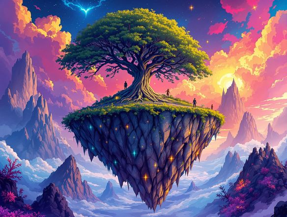 A surreal, vibrant digital illustration for a book cover, featuring a floating island with a lone tree, intricate details, high resolution, fantasy art style.