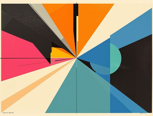 An abstract, energetic album art design with bold colors and geometric shapes, symbolizing a powerful music track, generated by AI, modern graphic design.