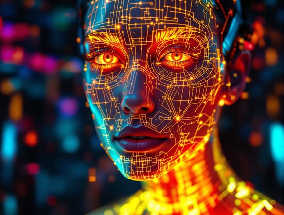 Portrait of a person with a distinct, colorful heat signature overlay, showcasing glowing thermal patterns. Thermographic art style, futuristic, high detail.