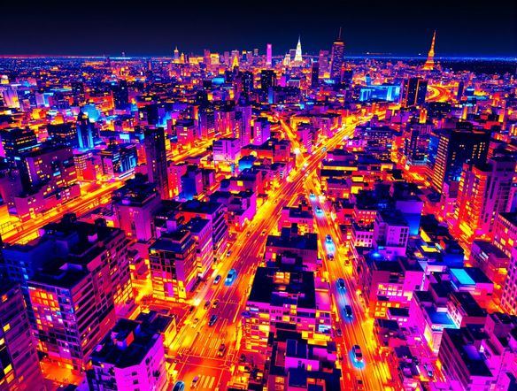 A cityscape at night, rendered with a vibrant heat vision filter, showing glowing thermal signatures of buildings and vehicles, infrared art style.
