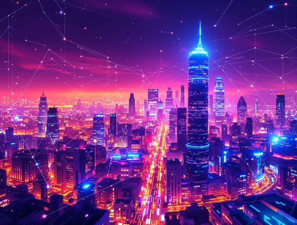 A cityscape at night, rendered in vibrant, glowing thermal imaging hues, with a subtle AI-generated overlay suggesting advanced data analysis.