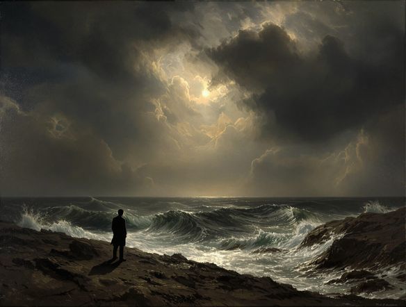 A dramatic, windswept landscape in the style of Caspar David Friedrich, with a solitary figure gazing at a turbulent sea, evoking deep emotion and the sublime.