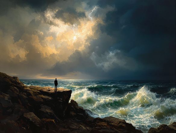 A dramatic landscape painting in the Romanticism style, featuring a lone figure gazing at a stormy sea under a dramatic, cloud-filled sky, evoking emotion and grandeur.