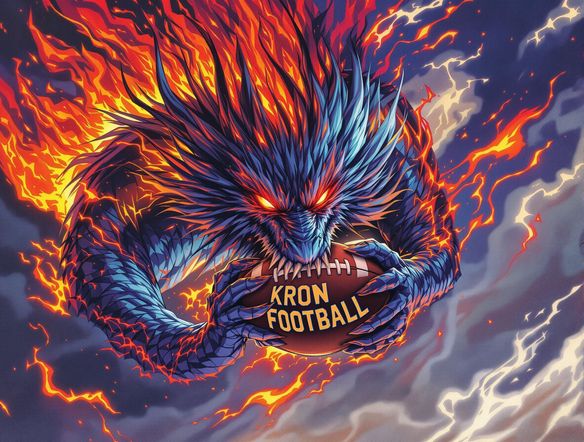A fierce fantasy football logo featuring a dragon clutching a football, with flames and dynamic lighting. Use bold colors and a stylized font for the team name. football team logo generator.