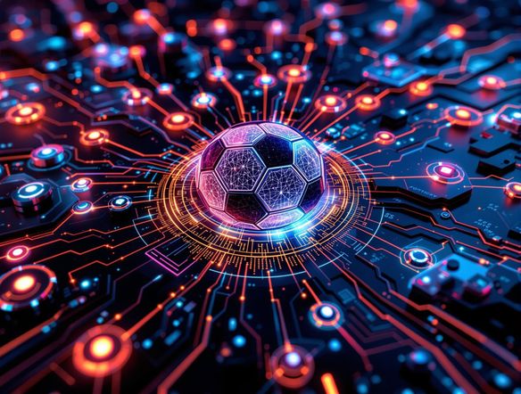 Dynamic graphic organizer featuring interconnected nodes of sports strategies, glowing connections, and a central football icon, rendered in a sleek, futuristic style.
