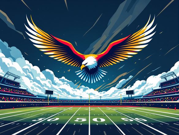 A dynamic sports logo featuring an eagle soaring above a football field, rendered in a modern, minimalist style. Incorporate team colors and a sense of speed and power, nfl logo generator.