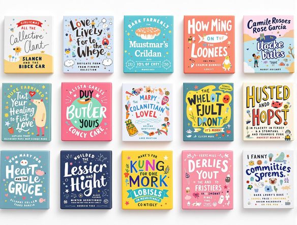 A sheet of vibrant, creatively designed labels with various themes, showcasing a range of colors, fonts, and styles, arranged neatly on a clean white background.