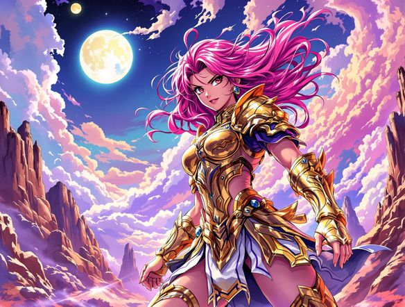 A dynamic, full-body illustration of a young female warrior with flowing pink hair, wearing ornate armor, striking a powerful pose in a fantasy landscape. Manga style AI tool, create anime illustration.