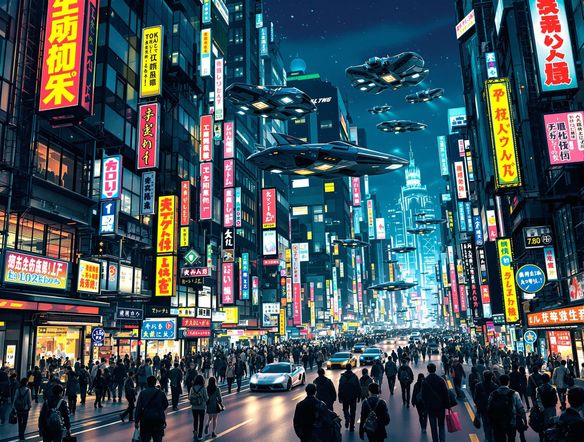 A bustling street scene in a futuristic Tokyo, with neon signs and flying vehicles, in a detailed Japanese comic style generator. Digital manga art, vibrant colors, high detail.