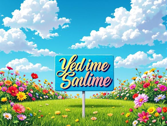 A vibrant yard sign with bold text on a sunny lawn, surrounded by colorful flowers and a clear blue sky.