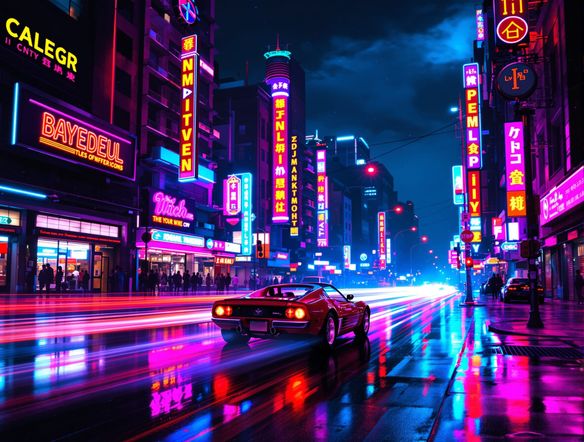 A vibrant 80s neon cityscape at night, glowing signs reflecting on wet streets, a classic sports car driving by. Vintage computer graphics generator aesthetic.