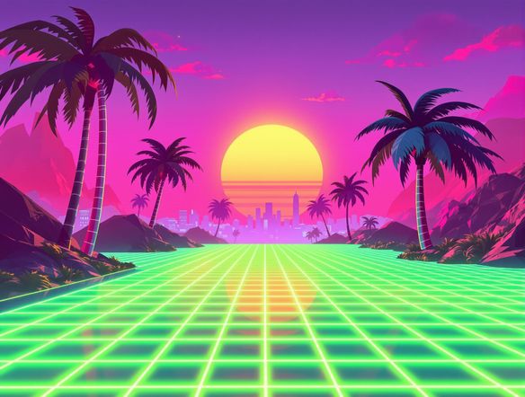A dreamy vaporwave landscape with a low-poly grid, neon palm trees, a setting sun, and a distant, glitching cityscape. Retro wave AI art style.