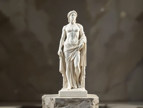 A majestic ancient Greek statue carved from pristine white marble, standing on a stone pedestal, bathed in soft, ethereal light, hyperrealistic.