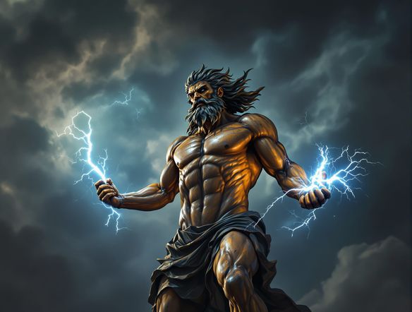 A powerful bronze statue of Zeus, king of the gods, with lightning bolts, in a dynamic pose, against a backdrop of stormy clouds, dramatic lighting.
