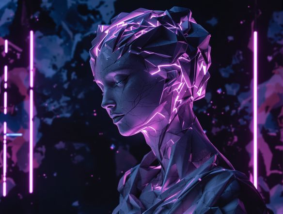 An ethereal AI-generated sculpture, a fusion of classical marble statue art and futuristic digital elements, glowing with internal light against a dark, abstract background.